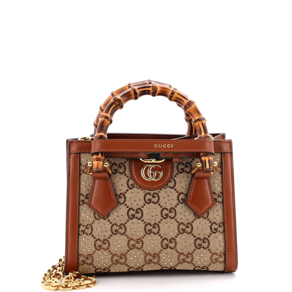 Gucci Mini Diana NM Bamboo Handle Tote Crystal Embellished GG Canvas